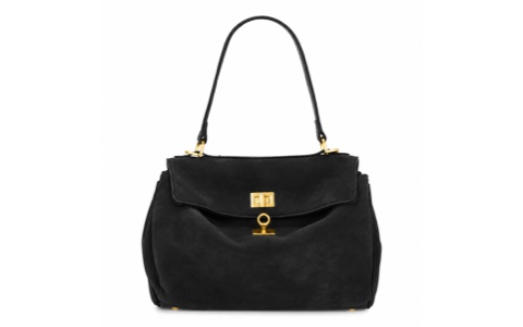 Black faux suede top-handle bag with a gold turn-lock
